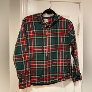 L.L. Bean Size SP Green Red Full Zip Hooded Cotton Flannel Shacket Top pockets